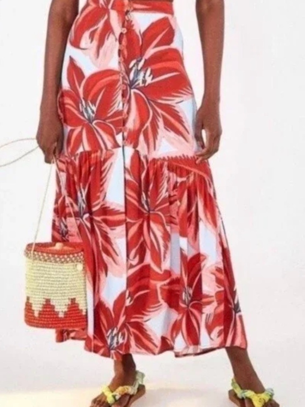 NWT FARM Rio Red Floral Button-Front Tiered Maxi Skirt size XS